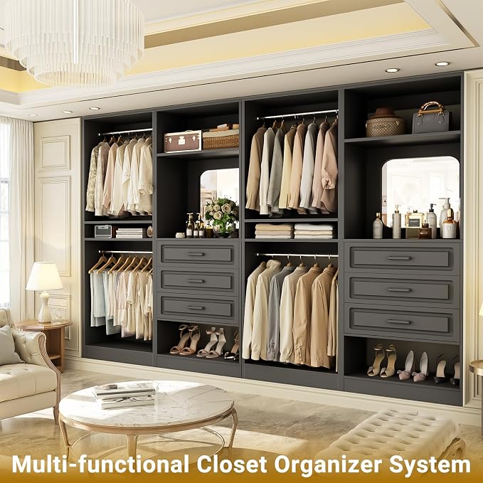 Unikito Closet System, 100" Closet Organizer with Drawers & Mirror, Black | Modular Wooden Walk-in Closet Wardrobe Organizer with Hanging Rods & Adjustable Shelves, Freestanding Garment Rack Tower