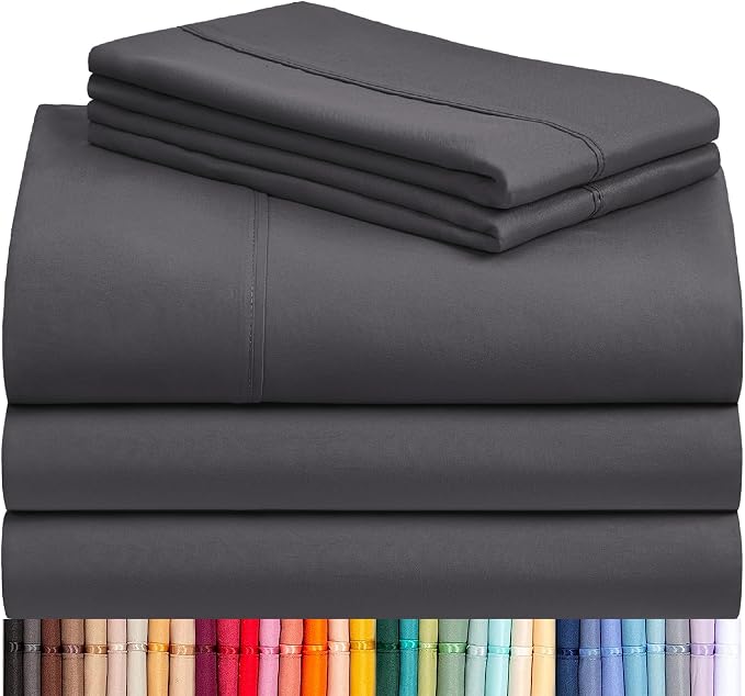 LuxClub 5 PC Split King Sheet Set, Deep Pockets Wrinkle Free Cooling Bed Sheets Hotel Bedding for Women, Men, Includes 2 Fitted Sheet, 1 Flat Sheet and 2 PillowcasesDark Grey | LuxClub Silky Fitted Sheet & Pillowcase Sets, Breathable Hotel Luxury Beddi...
