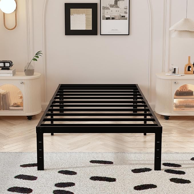 Maenizi 14 Inch XL Twin Bed Frame with White Fabric Cover, Heavy Duty Metal Twin XL Platform Bed Frame, No Box Spring Needed, Support Up to 2500 lbs, Easy Assembly, Noise Free, Black