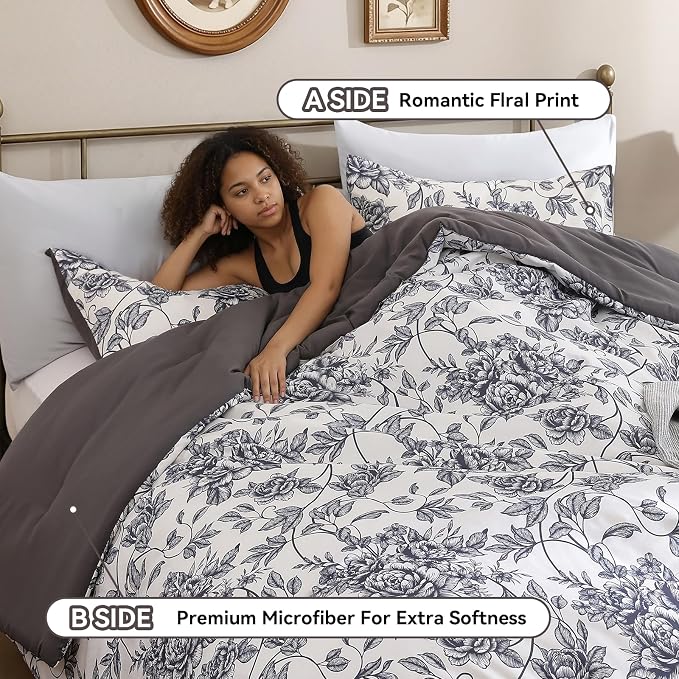 JANZAA Queen Size Comforter Set - Black Peony Floral Shabby Chic Bedding | 3 Piece Cute Floral Bedding for All Season, 1 Soft Fluffy Breathable Microfiber Comforter Set with 2 Pillowcases
