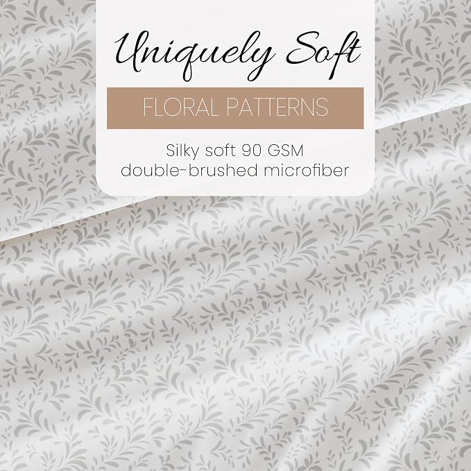 Linen Market Double-Brushed Patterned Microfiber Full Sheet Set 4 Piece – Oeko-TEX Certified Ultra Soft & Wrinkle-Free - 16" Deep Pocket Sheets - Easy Care Full Size - Burst of Vines Light Gray