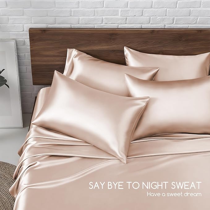 MR&HM Satin Bed Sheets, Full Size Sheets Set, 6 Pcs Silky Bedding Set with 15 Inches Deep Pocket for Mattress (Full, Champagne) | Similar to Silk, 6-Piece Silky Soft Bed Sheet Set, Gentle on Skin and Hair, 15" Deep Pocket, Cooling & Breathable