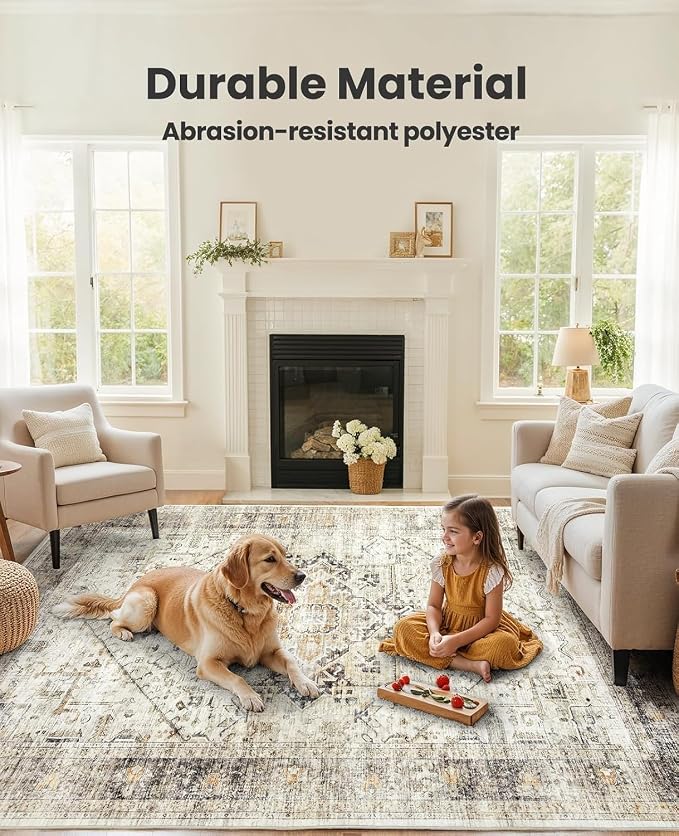 AMADA HOMEFURNISHING Washable Area Rug, Low-Profile Large Area Rug with Non-Slip Backing & Durable Edge Binding, Vintage Large Rugs for Living Room, Bedroom, Dinning Room, 8x10, Grey/Beige