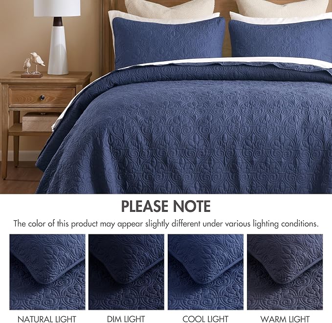 Madison Park Twin Quilt Bedding Set, Cottage-Inspired Damask, 2PC | All Season Quilted Coverlet, Classic Stitch Pattern Bedspread & Shams, Ultra Soft Microfiber Bedspread Set, Navy
