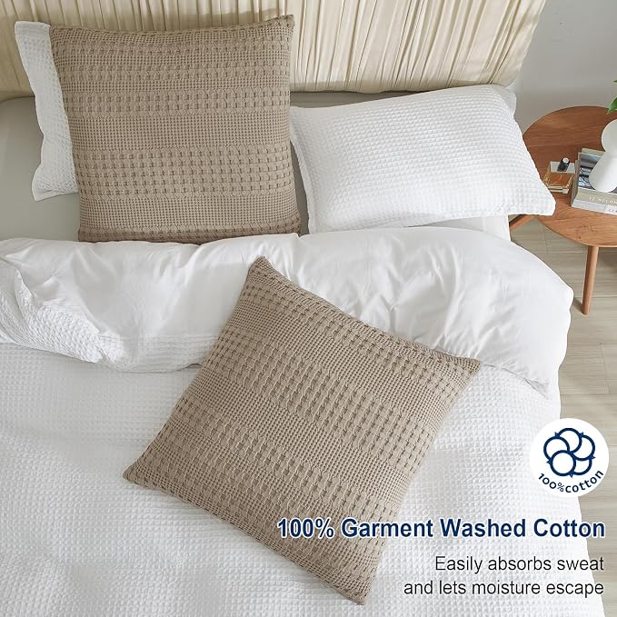 PHF 100% Cotton Waffle Weave Euro Sham Covers, 2 Pack 26" x 26" Bed Pillow Covers for Elegant Home Decor, No Filling, Luxury Aesthetic Soft Euro Pillow Cases for Bed, Simply Taupe