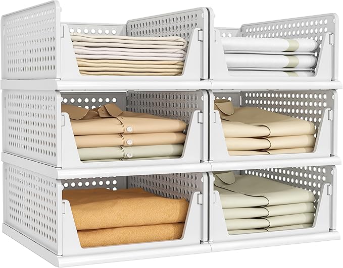 6 Pack Closet Organizer Storage Bins Stackable Plastic Drawer Shelf | Basket for Clothing Stackable Storage Bins Shelf Storage Container for Closet Wardrobe Bedroom Bathroom Office White Foldable