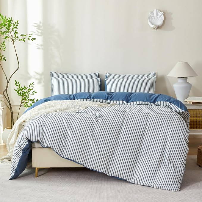 Striped Comforter Set Queen Denim Blue Soft Luxury Washed Microfiber Jacquard 3 Pieces Bedding Set, White Denim Blue Vertical Ticking Stripes Comforter with 2 Pillowcases Breathable Durable Comfy