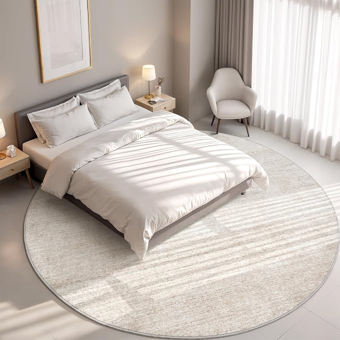 Round Rugs 6ft, Circle Washable Area Rugs for Living Room, Beige | Soft Low Pile, Thin & Lighweight Non Slip Carpet, Folable Stain Resistant Modern Indoor Floor Mat for Bedroom, Dining Room
