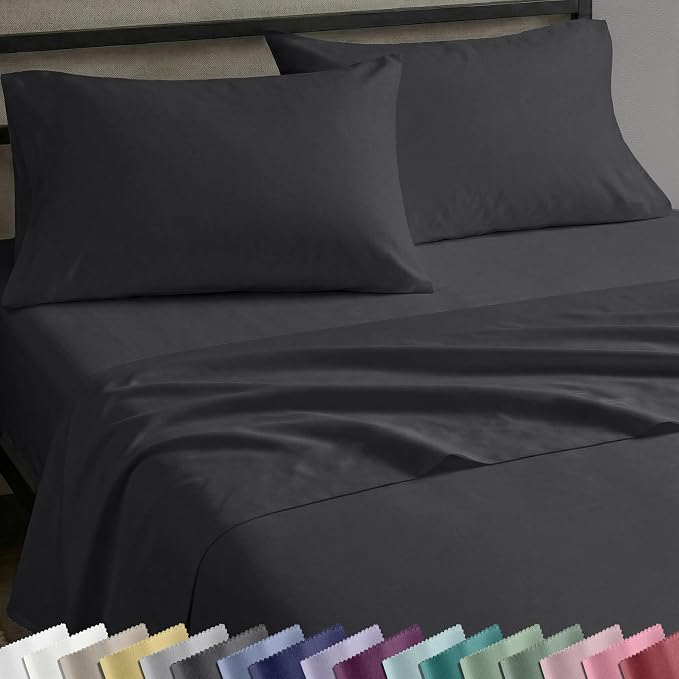 Soft Natural 100% Cotton Sateen Twin Size Bed Sheets, 3 Pc Set, Dark Grey | Backed by Good Housekeeping Seal, Light & Breathable For Hot Sleepers, All-Around Elastic, Durable, Easy Care