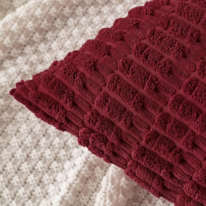 MIULEE Corduroy Decorative Throw Pillow Covers 18x18 Burgundy Pack of 2 | Soft Boho Striped Pillow Covers Modern Farmhouse Home Decor For Sofa Living Room Couch Bed