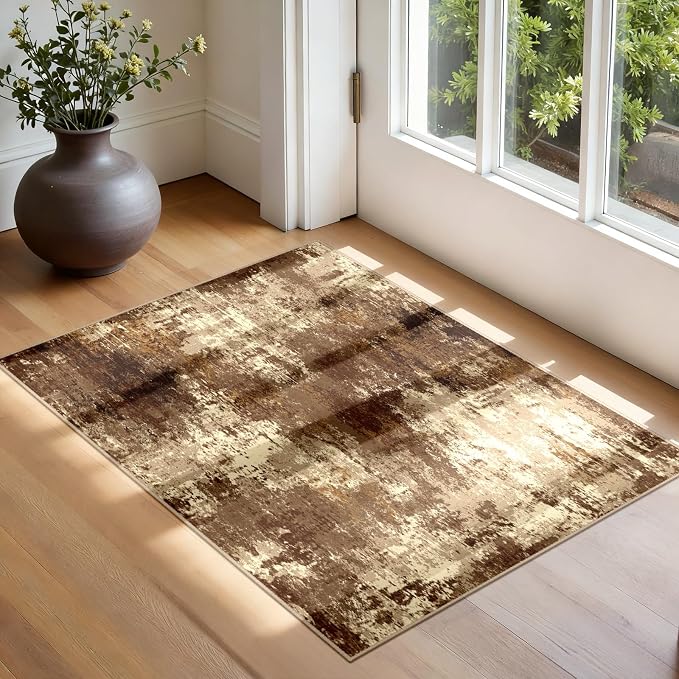 RELEANY Washable 2'x3' Abstract Area Rug for Living Room Brown Tan | Carpet for Bedroom, Kitchen, Office, Hallway and Entryway, Printed Pattern, Non‑Slip, Soft, Stain‑Resistant, Easy to Clean