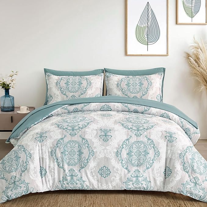 WONGS BEDDING Aqua Comforter Set Queen Size, Damask Texture 7 Pieces Bed in a Bag Microfiber Bohemian Comforter Bedding Sheet Set with Comforter, Flat Sheet, Fitted Sheet,Pillow Shams,Pillowcases