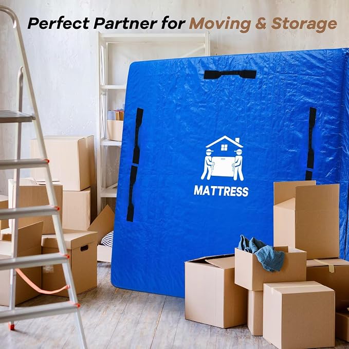 Mattress Bags for Moving, BETU Mattress Protector Waterproof Mattress Cover Full Size Storage Bags with 8 Heavy-Duty Handles and Zipper for Bed Extra Thick Large Reusable (77"x57"x15" Blue)