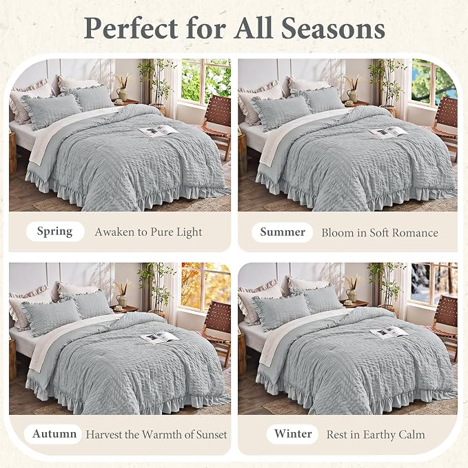 JOLLYVOGUE Light Grey Queen Comforter Set, 3 Pieces Seersucker Comforters Queen Size, Lightweight & Fluffy Bedding Sets Queen for All Season with 1 Ruffle Comforter and 2 Ruffle Pillowshams
