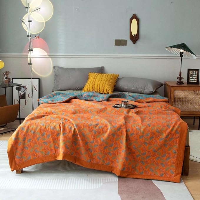 100% Cotton Muslin Blanket Jacquard Floral Ginkgo Leaves Print Quilt, Soft Bed Cover 3 Layers Reversible Bedspread Coverlet Breathable Lightweight Bedding King(98"x94"), No Pillow Sham