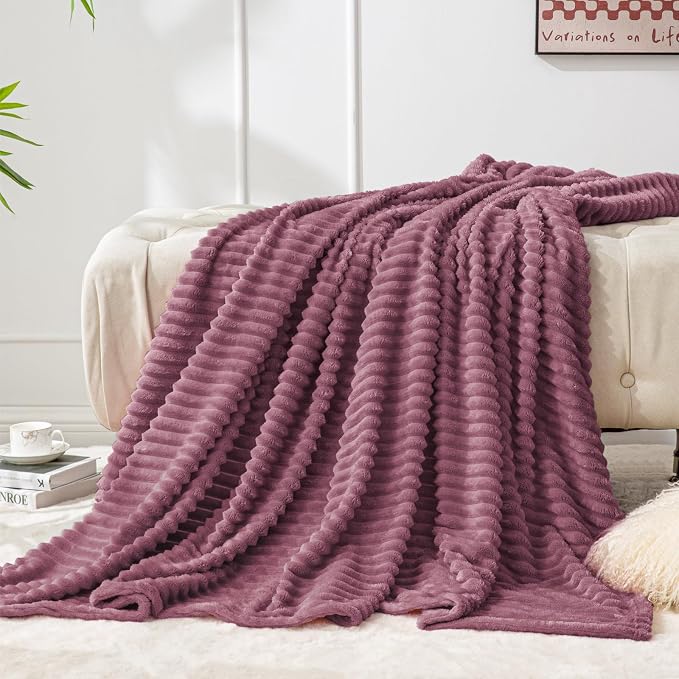 BEDELITE 3D Ribbed Jacquard Plum Fleece Throw Blanket for Couch, 50x60 Inch | Soft Warm Decorative Fluffy Blanket, Cozy Plush Lightweight Fuzzy Throw Blanket for Bed Sofa Home Room Decor, Gift for Women