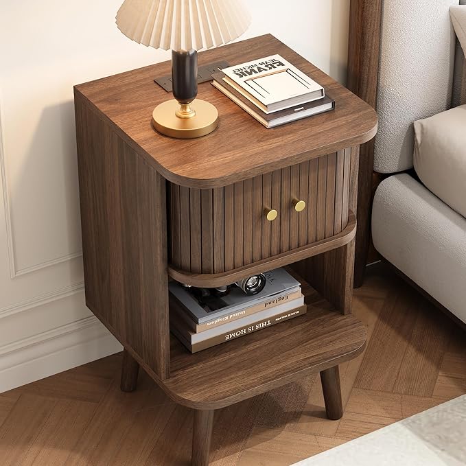 Decofy Fluted Nightstand, Charging Station & Sliding Door, Walnut | Open Shelf, Space-Saving, Concealed Cabinet Storage, Mid Century Modern Bedside Tables, Bedroom End Tables