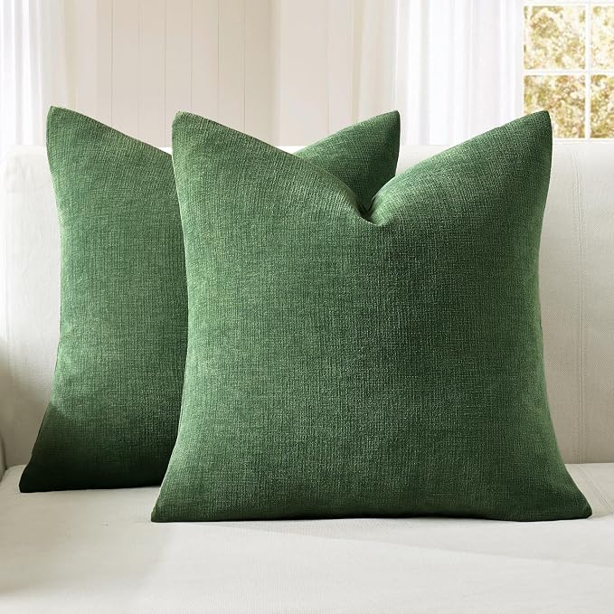 MIULEE Moss Green Chenille Couch Throw Pillow Covers, 18x18 | Set of 2, Soft Modern Farmhouse Style, Decorative Pillowcases for Sofa Living Room Bed, Home Decor