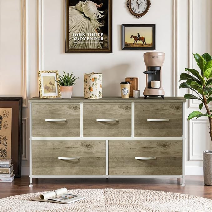 5-Drawer Dresser for Bedroom, Anti-Tip Wide Storage Organizer Fabric | Chest of Drawers TV Stand for 45" TV with Wooden Top and Metal Frame for Closet, Living Room, Hallway, Entryway, Greige Oak