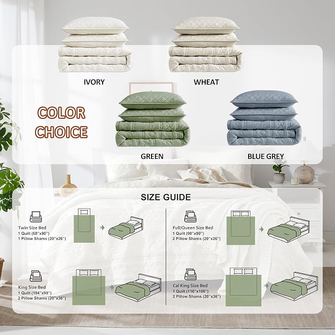 WDCOZY Boho Blue Grey Quilts Queen Size Bedding Sets with 2 Pillow Shams, Farmhouse Lightweight Soft Bedspread Coverlet for All Season, 3 Pieces, 90x90 inches