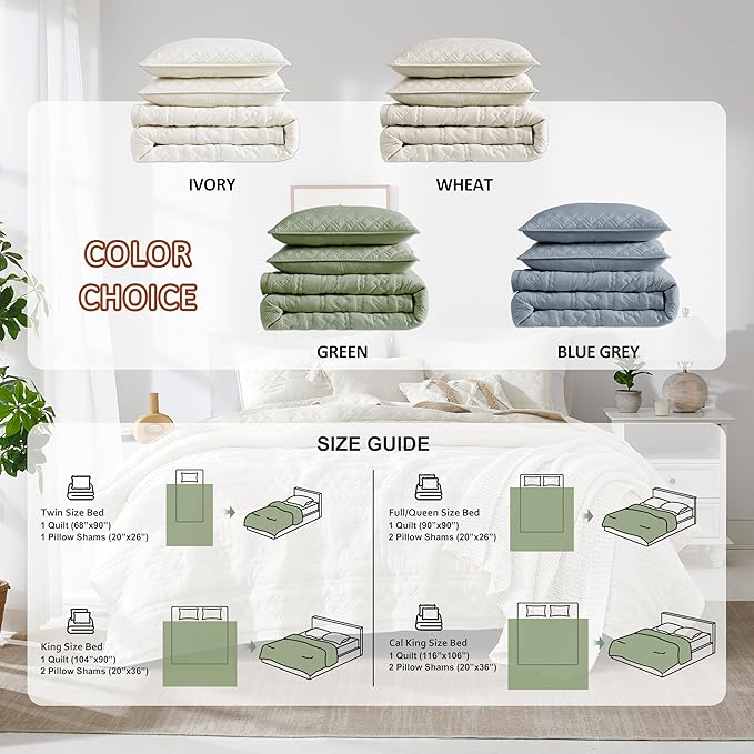 WDCOZY Boho Blue Grey Twin Quilt Size Bedding Sets with 1 Pillow Sham, Farmhouse Lightweight Soft Bedspread Coverlet for All Season, 2 Pieces, 68x90 inches