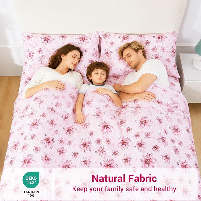 Softan Pink Floral Full Sheet Set, Cozy Printed Microfiber Bed Fitted Sheets with 15" Deep Pocket & Non-Slip Corner Straps, Girls Cherry Blossom Flower Patterned Double Sheets & Pillowcase Set