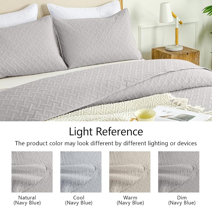 FLYMME Oversized King/California King Quilt Set 118"x106", Light Gray 3-Piece Floor-Length Bedspread, Premium Microfiber Lightweight Coverlet for King/California King Bed (1 Quilt, 2 Shams)