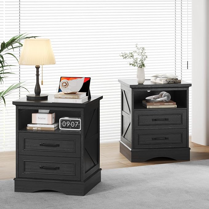 Fluest 24" Tall Farmhouse Nightstand, Night Stand with Fast Charging Station, Beside Tables with Drawers and Open Storage, Rustic End Tables for Bedroom, Antique Black