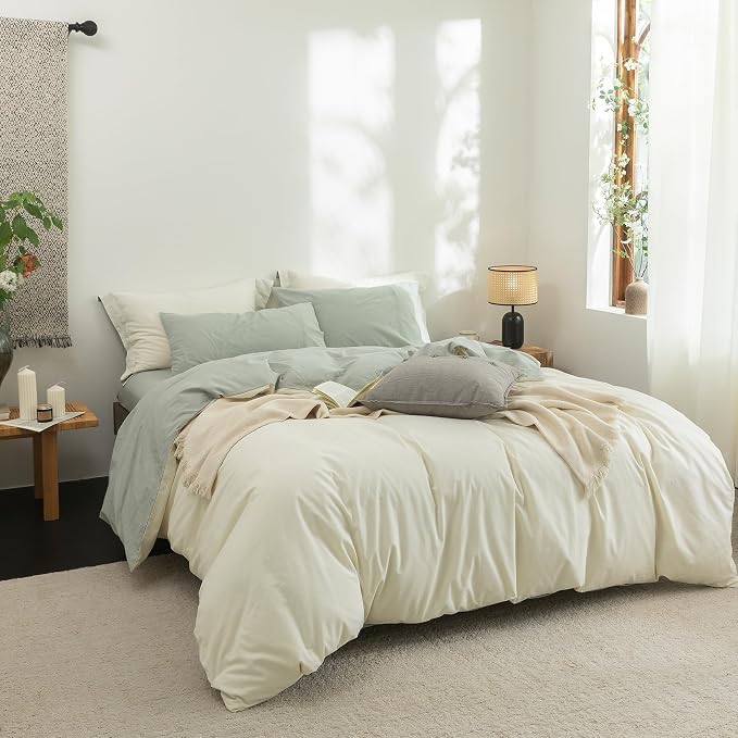 BDEAR 3Pcs Duvet Cover Set King Size 104" Wx90 L,Pale Yellow and Sage Green | 100% Washed Cotton, 1 Duvet Cover with 2 Pillowcases, Zipper Closure, OEKO TEX Standard,8 Corner Ties,Linen-Liked Texture