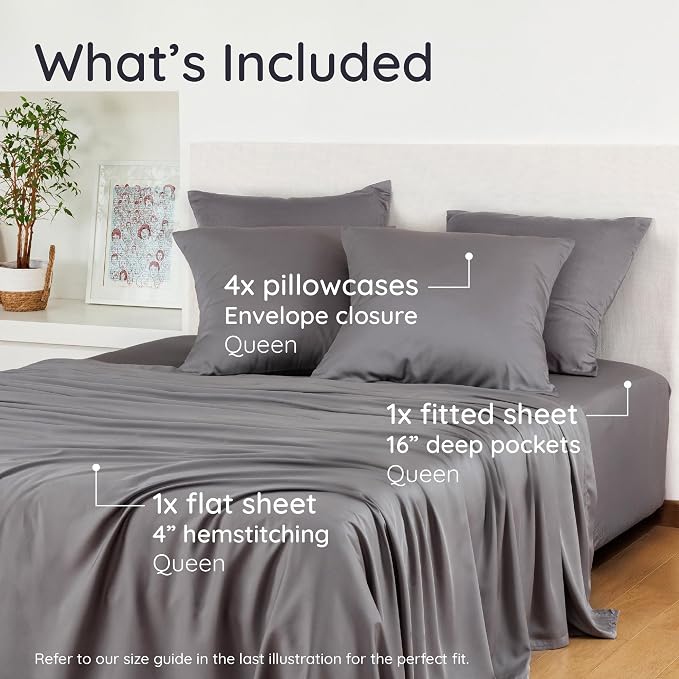 Bambaw 100% Viscose Derived from Bamboo Sheets Queen Size Set – 6pcs Deep Pocket Cooling Queen Sheets, Fits Up to 16'' with Elastic Corner Straps, Buttery Soft Sheets Queen (Dark Gray)