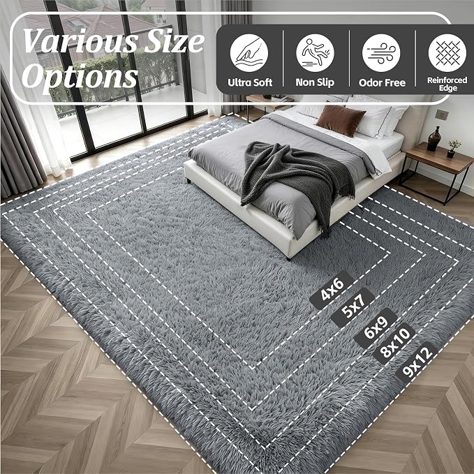 8x10 Area Rug Living Room Bedroom: Fluffy Plush Shag Carpet Gray | For Kids Room Playroom Nursery Home Decor,Ultra Soft,Non-Slip Non-Shedding,Fuzzy Plush,Large Indoor Floor Carpet,Easy Clean