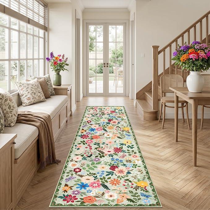 PLHXFR 2.6x10 Washable Runner Rug：Floral Indoor Kitchen Soft Carpet Green | For Hallway Bedroom Kitchen Laundry Bathroom Dorm,Vintage Floral,Machine washable,Non Slip,Stain Resistant,Indoor Floor