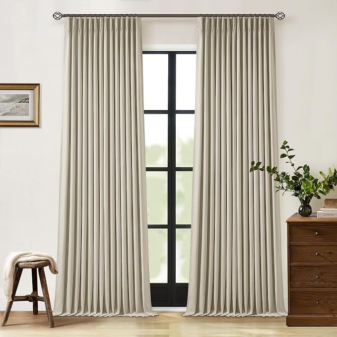 Burlywood Birch 100% Blackout Pinch Pleated Linen Curtains 95 Inches Long | Insulated Thermal Heat Reducing, Memory Shape, for Bedroom Living Room, Taupe Pleated Curtains with Hooks Rings, 2 Panels