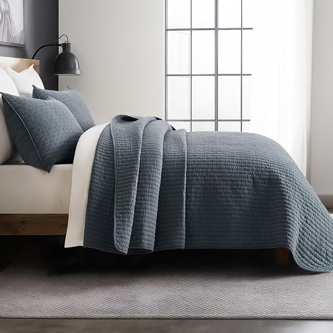 100% Cotton Cross Stitch 3-Piece Quilt Set, Queen, Midnight Blue | Cross Stitch Cotton Quilt, Pre-Washed Bedding Set, Oversized Lightweight Bedspread Coverlet, for All Season, with 2 Shams
