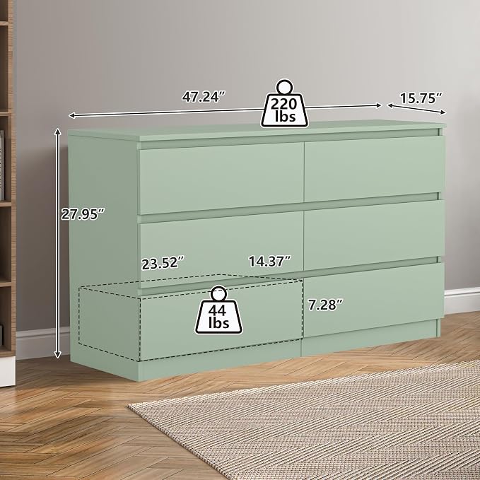 Vibe & Dine 6 Drawer Double Dresser, Modern Chest of Drawers with Wide Storage for Closet, Bedroom, Living Room (Light Green)