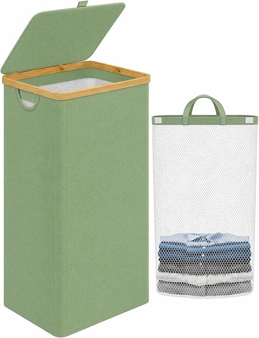 IEGrow Laundry Hamper with Lid,110L Laundry Basket with Mesh Bags,Green | Dirty Clothes Hamper Basket with Bamboo Handle for Clothes Towels