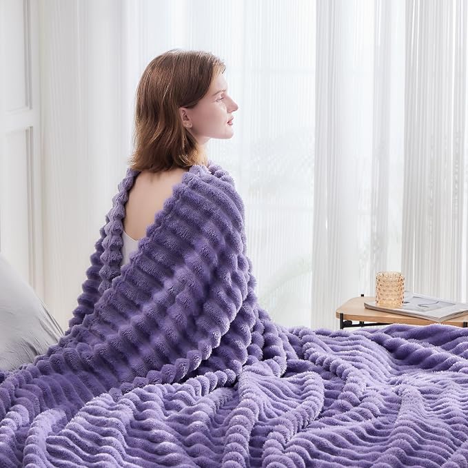 NEWCOSPLAY Fleece Ribbed Cozy Twin Blanket for Couch, Lavender, 60"x80" | Premium Silky Flannel Blanket, Soft Lightweight Fluffy Throw Blanket for Bed Sofa Decor, Gift for All Season Use