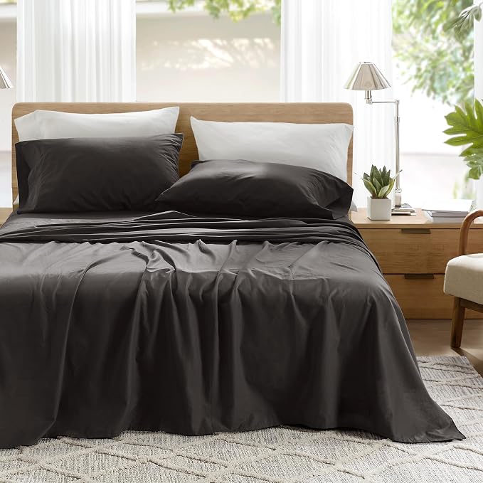 Comfort Spaces 100% Cotton Percale Sheets Cal King Sheet Set 4 Pcs, Black | Crisp, Cool & Breathable Bed Sheets, 14" Deep Pocket Fits Up to 16" Mattress, Lightweight, All Season Cozy, with Pillow Case