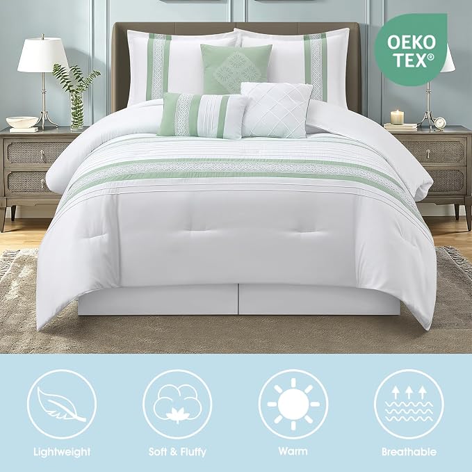 7 Piece Comforter Set, Sage White, Queen Size, Boho Style Geometric Microfiber Embroidery, Bed in a Bag with Bedskirt, Pillow Shams and Decor Pillows