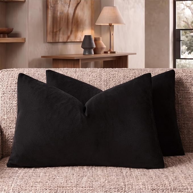 GIGIZAZA Black Velvet Pillow Covers 12x20 Decorative Pillows Pack of 2 | Lumbar Throw Pillows for Couch Sofa,280gsm Soft Textured Fabric,Modern Pillowcases,Luxury Cushion Covers