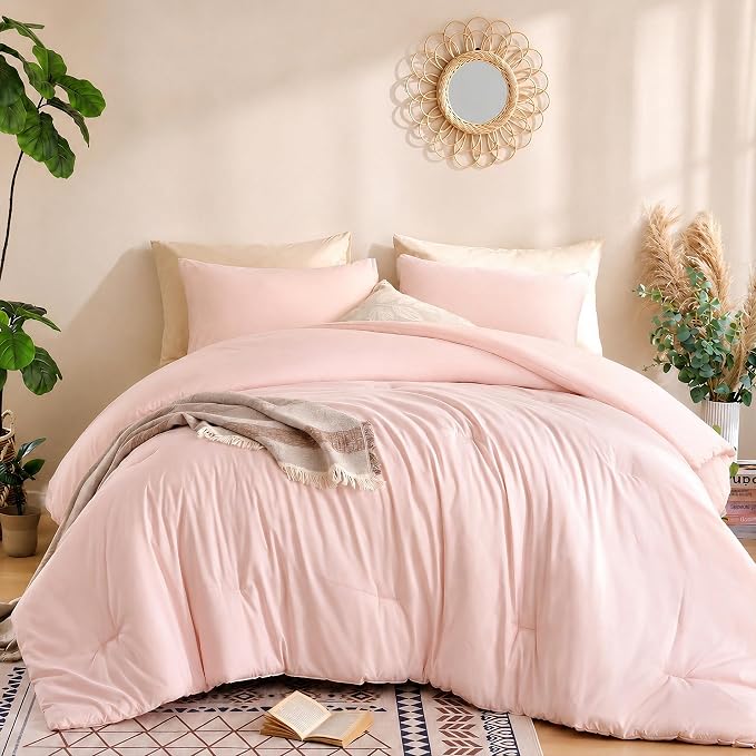 weigelia Pink Comforter Set Full Size, All Season Lightweight Bedding Set | Soft Microfiber Full Comforter Set, Machine Washable, Blush Pink Solid Color Bed Set (1 Comforter, 2 Pillowcase)