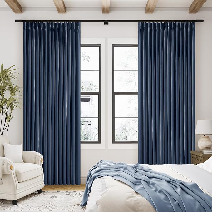 Indigo Navy Pleated Linen Blackout Curtains 90 Inches Long for Bedroom | 100% Black Out Thermal Insulated, Pinch Pleat with Ring Hooks Back Tab, Room Darkening Drapes with Liner, for Living Room
