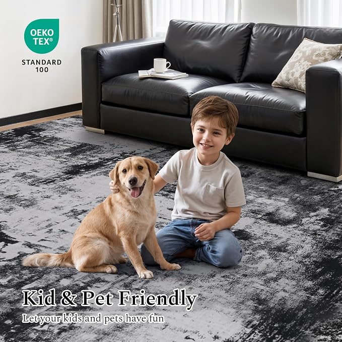 Rugflix 2x6 Runner Rug for Hallway, Washable Black Grey Kitchen Runners | Machine Washable; Stain-Resistant; Low Pile; Non-Slip; Modern Abstract; Carpet for Bedroom Bathroom Laundry