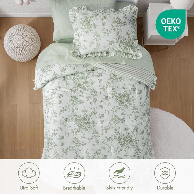 Madison Park Essentials Green Floral Comforter Set with Sheets Twin XL,5pc | Reversible, Elegant College Dorm Bedding, Ruffle Bed in a Bag, All Season, Machine Washable, Wrinkle Resistant, Ultra Soft