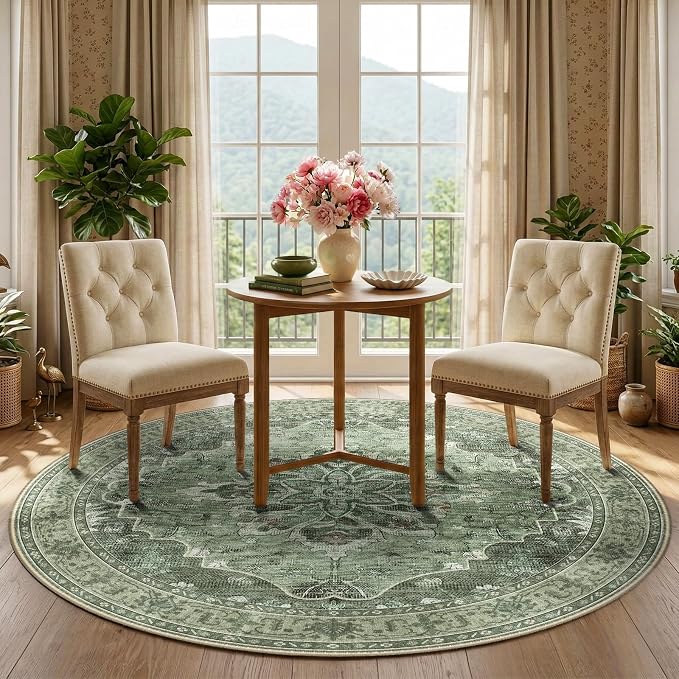 RELEANY Washable Area Rug, Round 5ft, Green/Dark Green/Gray | Non-Slip, Water Repellent, Pet Friendly, Easy to Clean, Vintage Floral Boho Decor for Living Room Bedroom Dining Room