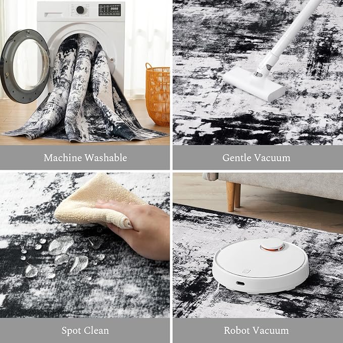 Rugflix 2x6 Runner Rug for Hallway, Washable Black Grey Kitchen Runners | Machine Washable; Stain-Resistant; Low Pile; Non-Slip; Modern Abstract; Carpet for Bedroom Bathroom Laundry