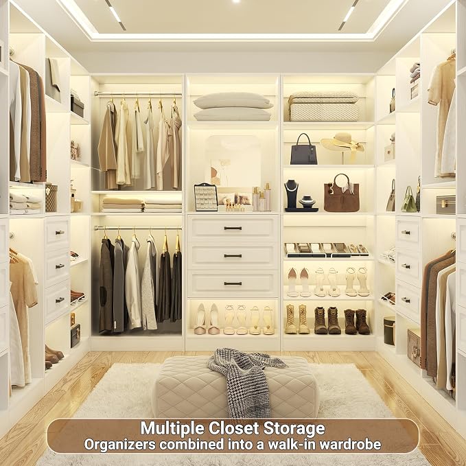 Unikito 75" Modular Closet System with 3 Sets, Mirror & Drawers, White | Hanging Rods & Adjustable Shelves, Freestanding Wood Wardrobe Garment Rack, Walk in Tower Clothes Storage Organizer Unit