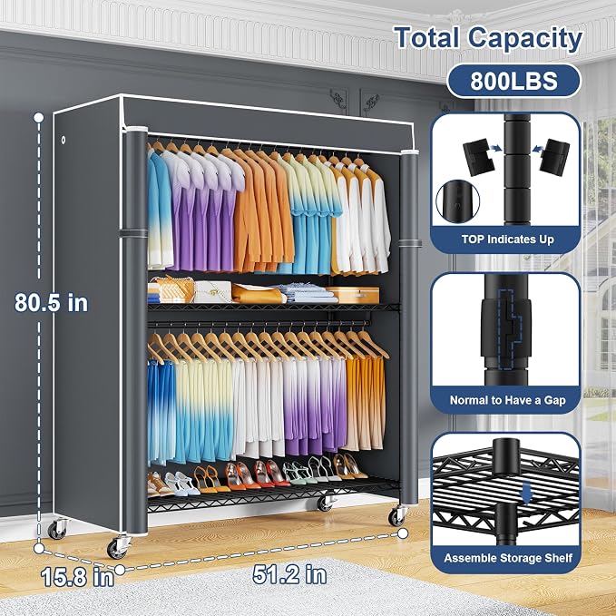 P8C Max Heavy Duty Clothes Rack（With Extended Width Design） Rolling Clothing Racks for Hanging Clothes with Lockable Wheels，51.2" W x 15.8" D x 80.5" H，Load 800LBS，Black Rack with Grey Cover