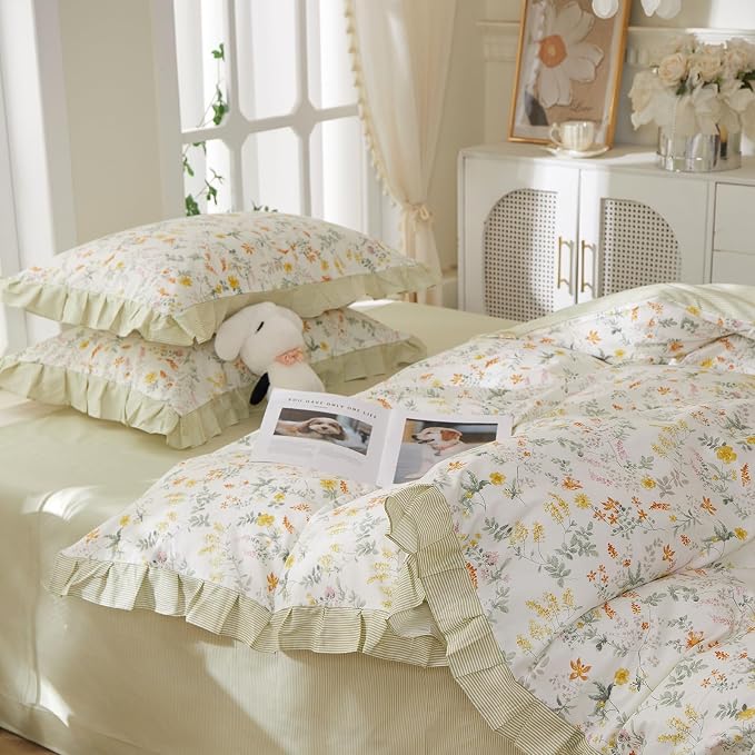 mixinni 100% Cotton Duvet Cover Set Twin XL, Reversible Spring Floral Ruffle Green Striped Bedding for Girls, French Country Cottagecore Aesthetic 3PC Duvet Cover with Zipper Closure & Pillowcases