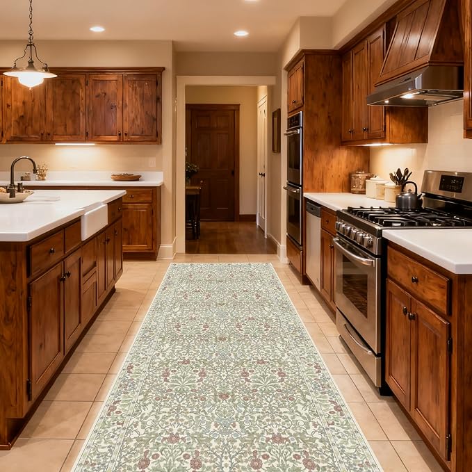 Washable 2' x 6' Runners for Hallways, Non Slip Long Floor Runner for Kitchen, Entryway Indoor, Stain Resistant Rubber Backing Floral Decor Rug (Light Green)